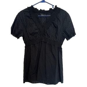 BCBGMaxAzria Womens Black Smocked Babydoll Romantic Goth Blouse Top Medium